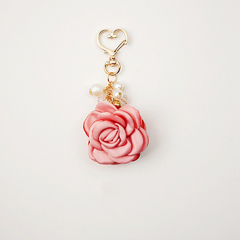 Satin Rose Pendant Decorations, with Heart Lobster Claw Clasps, Coral, 105mm