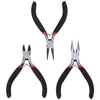 DIY Jewelry Tool Sets, Polishing Side Cutting Pliers, Wire Cutter Pliers and Round Nose Pliers, Black, 105~130x61~62mm, 3pcs/set