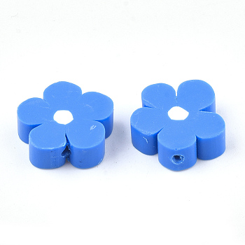 Handmade Polymer Clay Beads, Flower, Dodger Blue, 14~15x16~16.5x5~5.5mm, Hole: 0.8~1mm