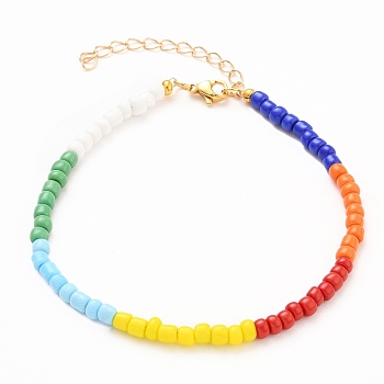 Glass Seed Beads Anklets, with Golden Plated 304 Stainless Steel Lobster Claw Clasps, Colorful, 9 inch(23cm)