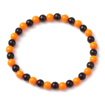 Halloween 6mm Round Plastic Beaded Stretch Bracelets for Women Men, Black, Orange Red, Inner Diameter: 2-3/8 inch(5.9cm)