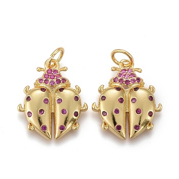 Brass Micro Pave Purple Cubic Zirconia Pendants, Long-Lasting Plated, with Jump Rings, Ladybug Shape, Golden, 16x14x3mm, Hole: 3.5mm