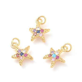 Brass Micro Pave Cubic Zirconia Charms, Starfish/Sea Stars, Colorful, Golden, 14.5x12x3mm, Hole: 3mm