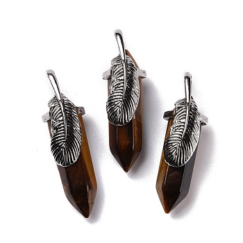 Natural Tiger Eye Pendants, with Antique Silver Tone Brass Findings, Cadmium Free & Lead Free, Double Terminal Pointed Bullet with Leaf, 44~47x14~15x14~15mm, Hole: 6.2x3.5mm