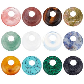 12Pcs 12 Styles Natural & Synthetic Gemstone Pendants, Donut/Pi Disc, 17.5~18.5x5.5mm, Hole: 5.5mm, 1pc/style
