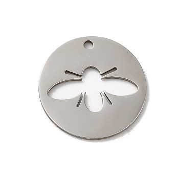 201 Stainless Steel Pendants, Stainless Steel Color, Laser Cut, Flat Round Charm, Bees, 18x1mm, Hole: 1.5mm