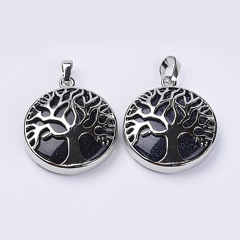 Synthetic Blue Goldstone Pendants, with Platinum Plated Brass Findings, Flat Round with Tree of Life, 31x27x8mm, Hole: 3.5x7mm