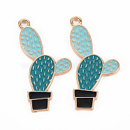 Rack Plating Alloy Enamel Pendants, Cadmium Free & Lead Free, Cactus, Light Gold, Dark Cyan, 44.5x23x2mm, Hole: 2.5mm(ENAM-S122-040-RS)