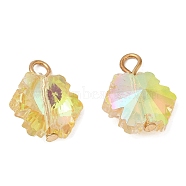 Glass Pendants, with Light Gold Brass Loops, Faceted, Flower Charms, Light Khaki, 17~17.5x14x7.5~8mm, Hole: 2.3~2.8mm(KK-Q777-18LG)