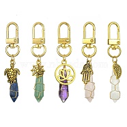 5Pcs 5 Style Copper Wire Wrapped Gemstone Bullet Pendant Decorations, Tibetan Style Alloy and Swivel Clasps Charms, Mixed Shapes, Antique Golden & Golden, 73~75mm, 1pc/style(HJEW-JM01238-G)