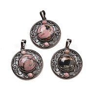 Natural Rhodonite Pendants, Brass Hollow Flat Round Charms, Cadmium Free & Lead Free, Red Copper, 33.5x30.5x9.5mm, Hole: 8x5mm(G-Q158-03A-R15)