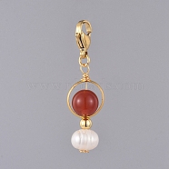Natural Red Agate/Carnelian Pendants, with Natural Pearl, Golden Plated Brass Bead Frames and 304 Stainless Steel Lobster Claw Clasps, 41mm(HJEW-JM00381-03)