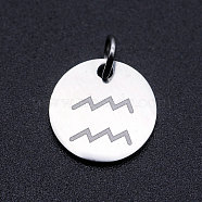 201 Stainless Steel Charms, Twelve Constellations, with Jump Rings, Flat Round, Aquarius, 12x1mm, Hole: 3.5mm(STAS-T049-T643-11P)