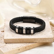 Braided Leather Cord Bracelets for Men, with 316 Surgical Stainless Steel Polished Buckle and 304 Stainless Steel Finding, Black, 8-1/4 inch(21cm)(BJEW-Z081-11EB-01)