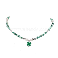 Glass & Brass & Pearl Beaded Necklaces for Women, Alloy Enamel Clover Pendant Necklaces, Platinum, 17.91 inch(45.5cm)(NJEW-TA00158)