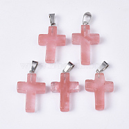 Cherry Quartz Glass Pendants, with Stainless Steel Peg Bails, Cross, Stainless Steel Color, 28~30x18x6mm, Hole: 7x3.5mm(G-S358-002C)