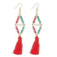 Glass Beaded Rhombus with Star and Tassel Dangle Earrings, Christmas Brass Wire Wrap Jewelry for Women, Colorful, 95mm, Pin: 0.6mm(EJEW-TA00100)