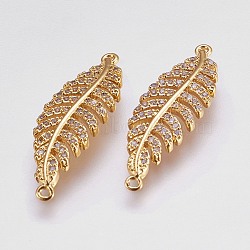 Brass Micro Pave Cubic Zirconia Links, Clear, Leaf, Golden, 30x9.5x2mm, Hole: 1mm(ZIRC-E144-03G)