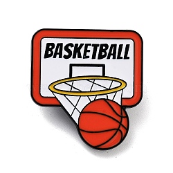 Basketball Theme Black Alloy Brooches, with Enamel, White, 30x28x1.5mm(JEWB-C032-04A-EB)