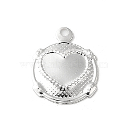 Brass Charms, Flat Round with Heart Pattern Charms, 925 Sterling Silver Plated, 14x11x1mm, Hole: 1.2mm(KK-P259-28S)