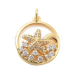 Brass Micro Pave Cubic Zirconia Pendants, Flat Round with Starfish Charms, with Jump Ring, Real 18K Gold Plated, Clear, 20.5x18x4mm, Hole: 3mm(KK-L209-082G)