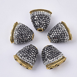 4-Holes Polymer Clay Rhinestone Beads, with Brass Findings, Triangle, Antique Golden, Jet Hematite, 23x23x13.5mm, Hole: 3~4mm(RB-S055-07)