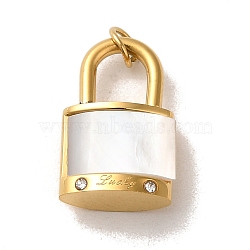 Natural White Shell Pendants, with Ion Plating(IP) 304 Stainless Steel Rhinestone Findings, Padlock Charm, Golden, 16x10x5mm, Hole: 3mm(STAS-P340-08G)