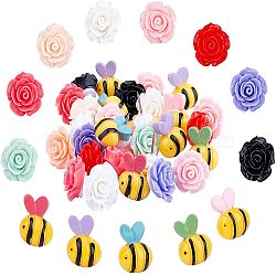 Iron Map Pins, with Resin Rose and Bees, Drawing Push Pins, for Office & School Supplies, Mixed Color, 17~20x16.5~17x11~13mm, 30pcs(AJEW-GA0002-25)