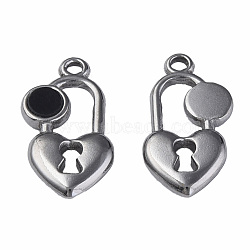 304 Stainless Steel Pendants, with Dyed Black Shell, Heart-Shaped Lock, Stainless Steel Color, 20x11x2.5mm, Hole: 1.6mm(STAS-N087-53-04P)