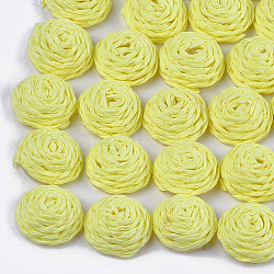 Handmade Paper Woven Cabochons, Covered with ABS Plastic, Half Round with Flower, Yellow, 15~16x7.5~8mm(WOVE-T008-01D)