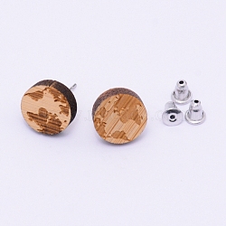 Natural Wood Stud Earrings, with Stainless Steel Stud Earring Findings and Ear Nuts, Flat Round, Bisque, Earth Pattern, 12x4mm, Pin: 0.6mm(EJEW-WH0005-03L)