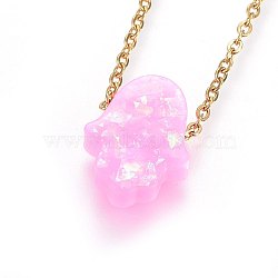304 Stainless Steel Pendant Necklaces, with Epoxy Resin Hamsa Hand/Hand of Fatima/Hand of Miriam, Pink, Golden, 17.72 inch(45cm), 1.5mm(NJEW-H491-04A-G)