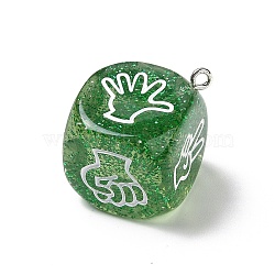 Transparent Resin Finger Guessing Game Dice Rock Pendants, with Glitter Powder and Platinum Tone Iron Loops, Dice Charm with White Gesture Pattern, Green, 31x27x27mm, Hole: 2mm(RESI-G064-01B)