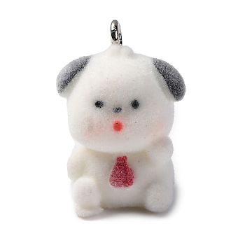 Flocky Resin Pendants, Dog, with Platinum Iron Loop, White, 26x19x16mm, Hole: 2.5mm