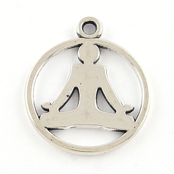 Tibetan Style Alloy Pendants, Cadmium Free & Lead Free, Flat Round with Yoga, Antique Silver, 23.5x20x1.5mm, Hole: 2mm, about 605pcs/1000g