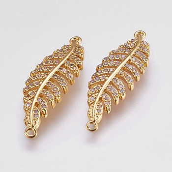Brass Micro Pave Cubic Zirconia Links, Clear, Leaf, Golden, 30x9.5x2mm, Hole: 1mm