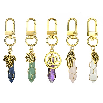 5Pcs 5 Style Copper Wire Wrapped Gemstone Bullet Pendant Decorations, Tibetan Style Alloy and Swivel Clasps Charms, Mixed Shapes, Antique Golden & Golden, 73~75mm, 1pc/style