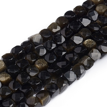 Natural Golden Sheen Obsidian Beads Strands, Faceted, Cube, 4~5x4~5x4~5mm, Hole: 0.7mm, about 72~76pcs/strand, 15.3 inch(38.5cm)