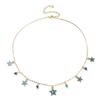 Natural Agate Round & Alloy Enamel Star Charms Bib Necklace with 304 Stainless Steel Chains, Medium Blue, 15.94 inch(40.5cm)