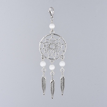 Alloy Big Pendants, with Cat Eye Beads and 304 Stainless Steel Lobster Claw Clasps, Woven Net/Web with Feather, White, 95mm