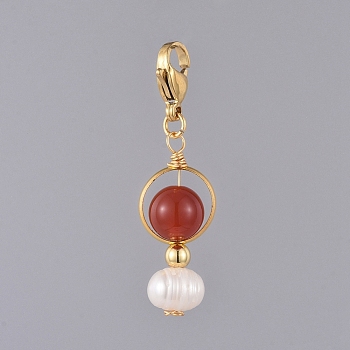 Natural Red Agate/Carnelian Pendants, with Natural Pearl, Golden Plated Brass Bead Frames and 304 Stainless Steel Lobster Claw Clasps, 41mm