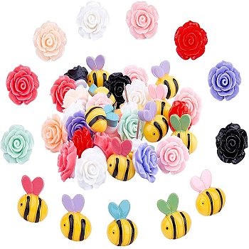 Iron Map Pins, with Resin Rose and Bees, Drawing Push Pins, for Office & School Supplies, Mixed Color, 17~20x16.5~17x11~13mm, 30pcs