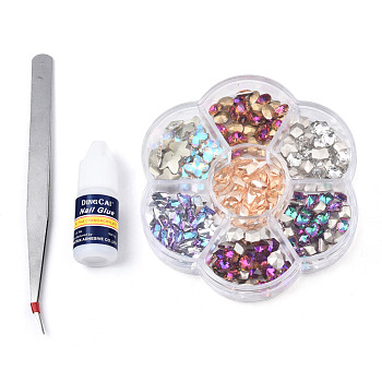 Nail Art Sets, with K9 Glass Cabochons, with Nail Glue and Tweezers, Mixed Shapes, Mixed Color, 103x103x19mm
