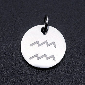 201 Stainless Steel Charms, Twelve Constellations, with Jump Rings, Flat Round, Aquarius, 12x1mm, Hole: 3.5mm