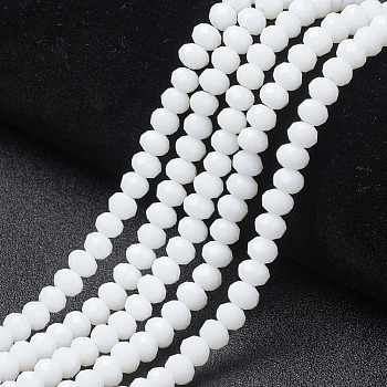 Opaque Solid Color Glass Beads Strands, Faceted, Rondelle, White, 4x3mm, Hole: 0.4mm, about 130pcs/strand, 16.54 inch(42cm)