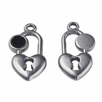 304 Stainless Steel Pendants, with Dyed Black Shell, Heart-Shaped Lock, Stainless Steel Color, 20x11x2.5mm, Hole: 1.6mm