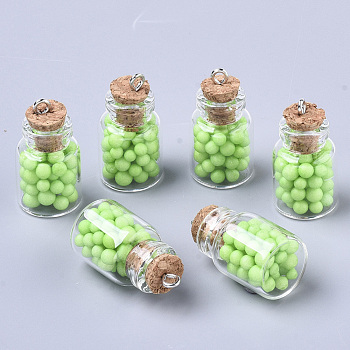 Glass Wishing Bottle Pendant Decorations, with Polystyrene Foam Inside, Cork Stopper and Iron Screw Eye Pin Peg Bails, Pale Green, 22x15mm, Hole: 2mm