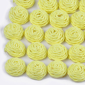 Handmade Paper Woven Cabochons, Covered with ABS Plastic, Half Round with Flower, Yellow, 15~16x7.5~8mm