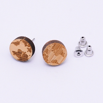 Natural Wood Stud Earrings, with Stainless Steel Stud Earring Findings and Ear Nuts, Flat Round, Bisque, Earth Pattern, 12x4mm, Pin: 0.6mm