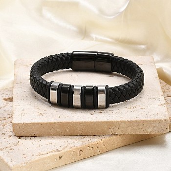 Braided Leather Cord Bracelets for Men, with 316 Surgical Stainless Steel Polished Buckle and 304 Stainless Steel Finding, Black, 8-1/4 inch(21cm)